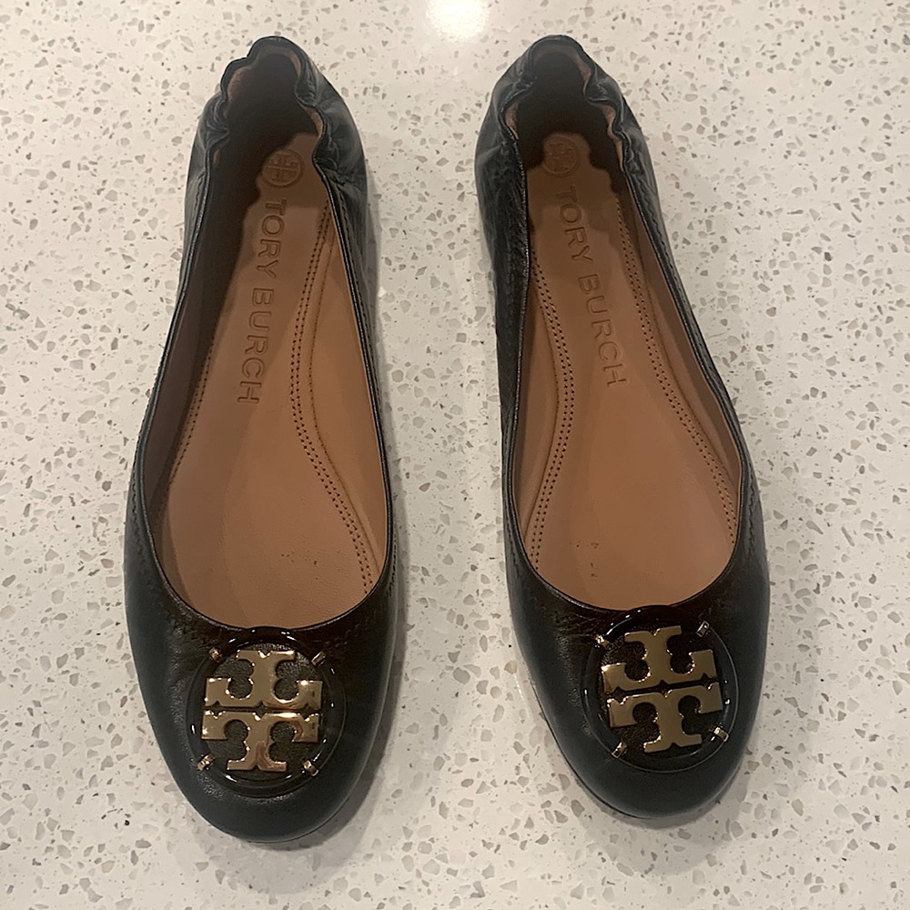Black Tory Burch ballet flats with gold hardware